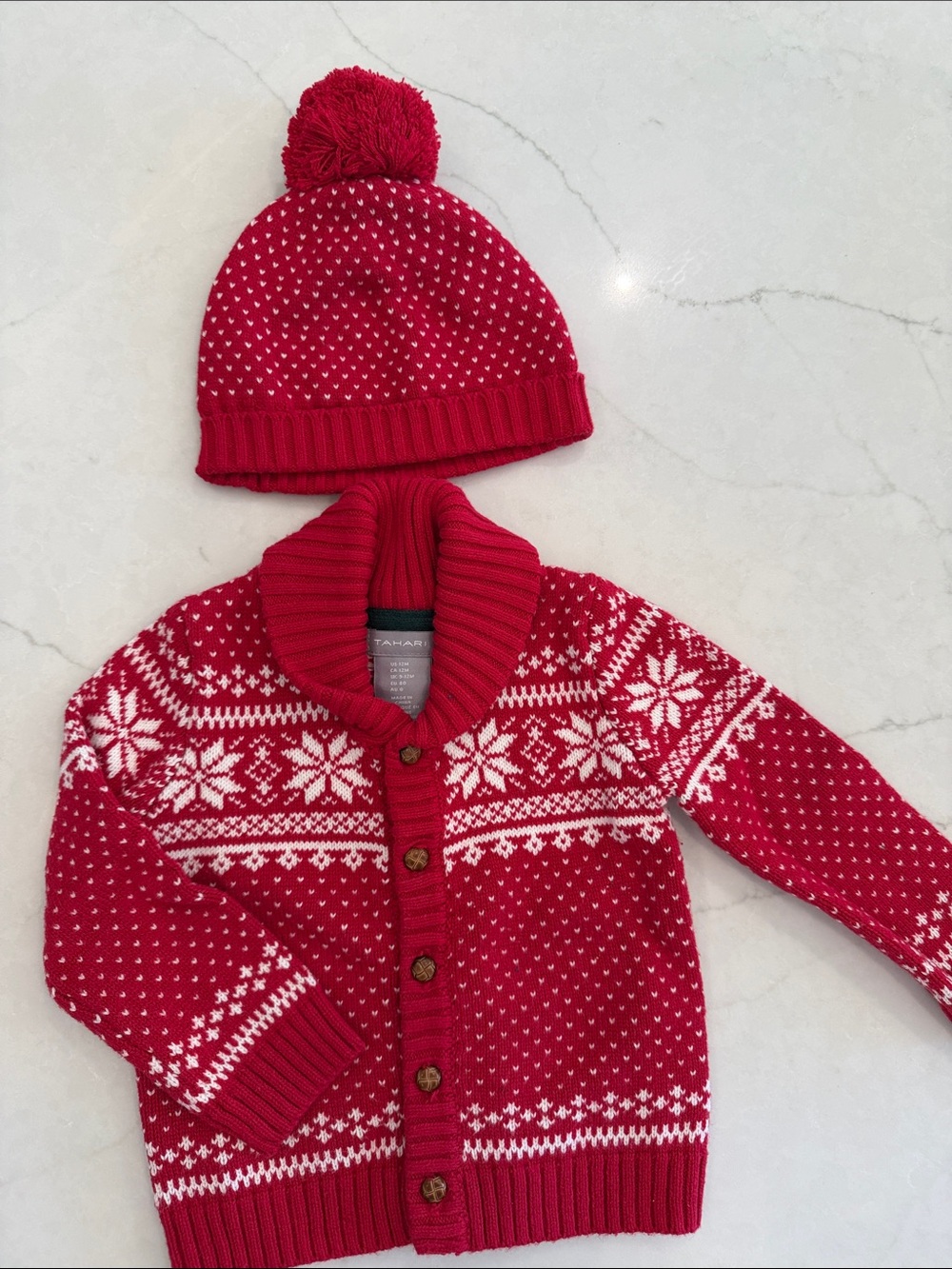 Tahari Red Fair Isle Shawl Cardigan with Pom-Pom Hat